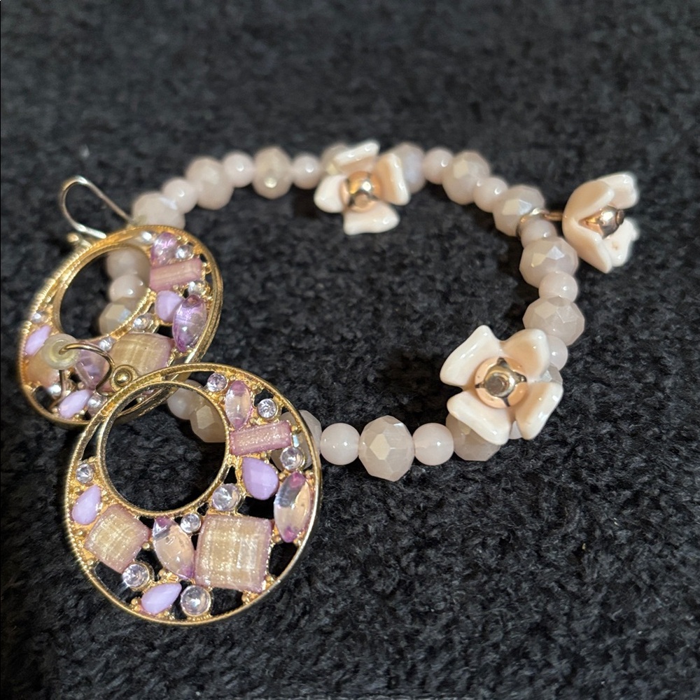 Gold Hoop Earrings with pink & lavender stones; pink beaded stretch bracelet